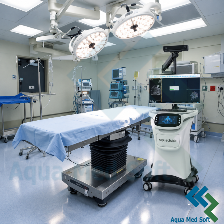 AquaGuide Plan — preoperative planning view with 3D model and fiber tracts